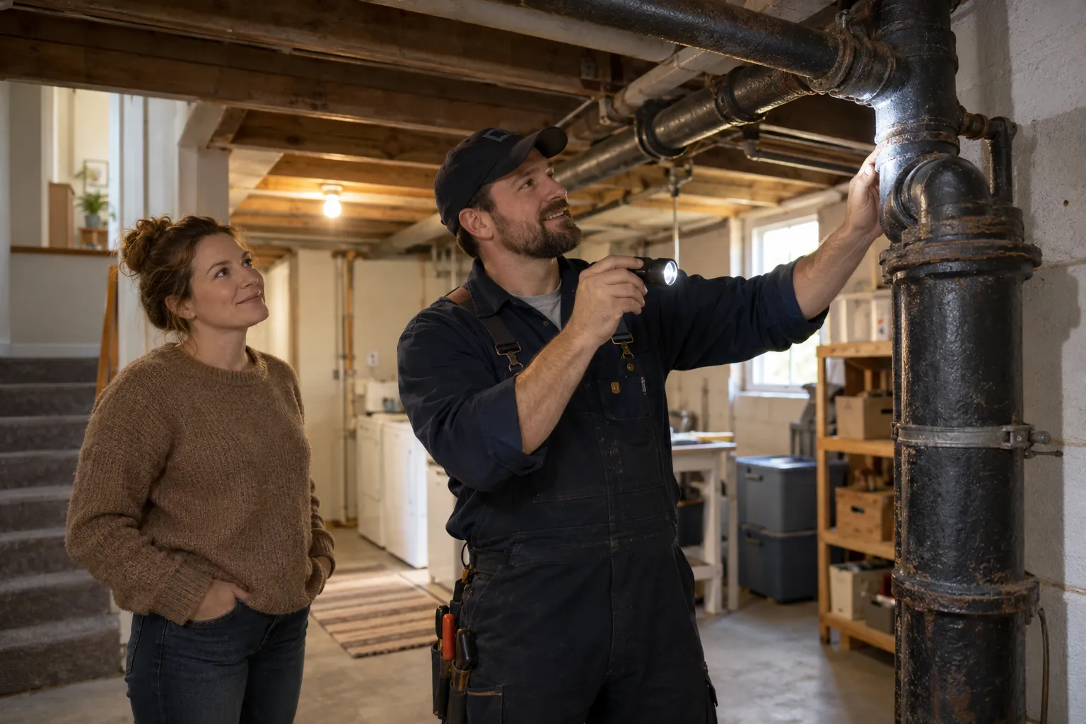 A provider checking basement pipes in a home in the Aberdeen area