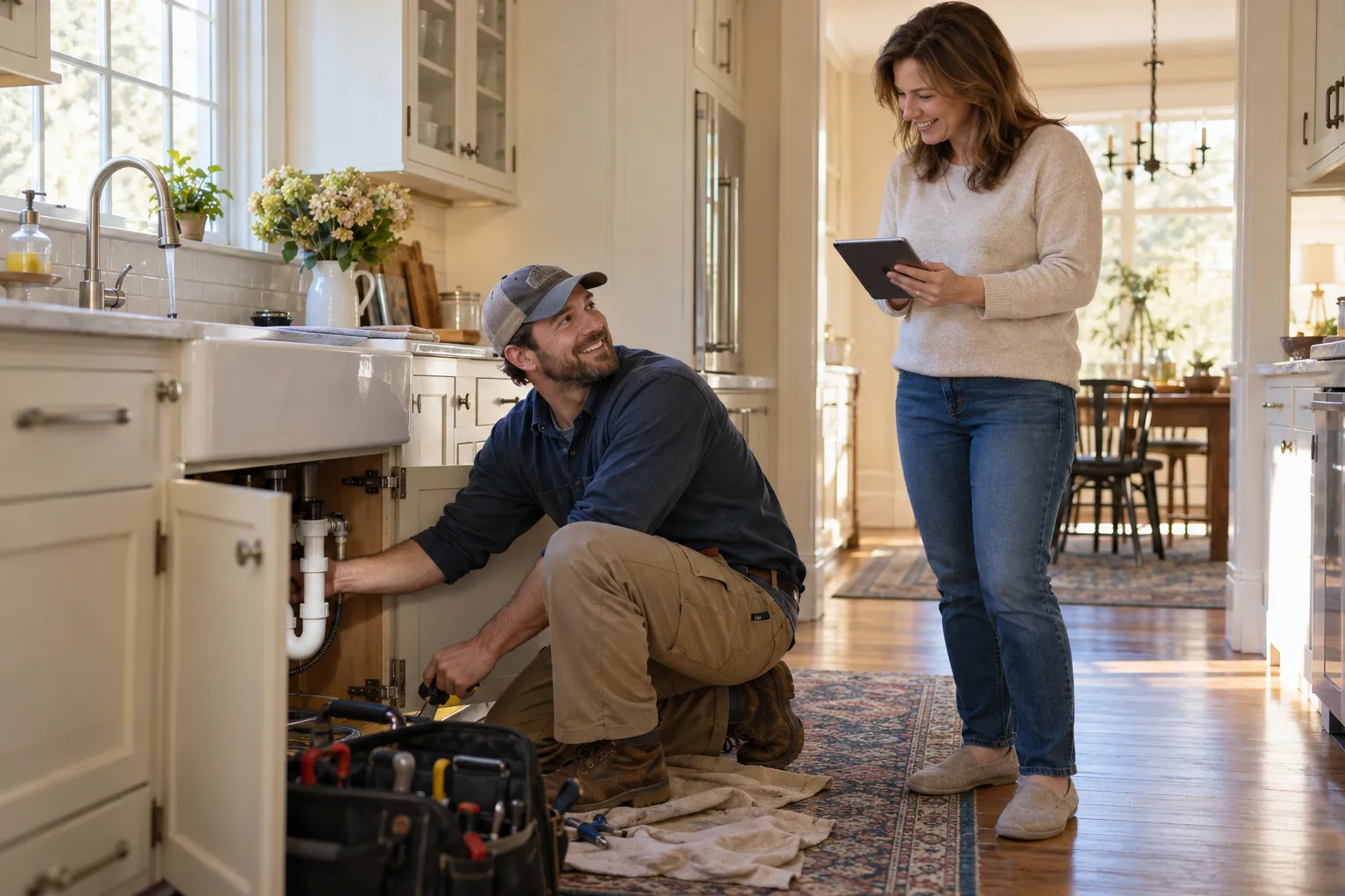 A friendly plumbing provider talking with a homeowner in a Aberdeen kitchen